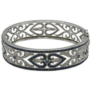 Sapphire & Diamond Hinged Bangle Bracelet 925 Sterling Silver - 7.75"